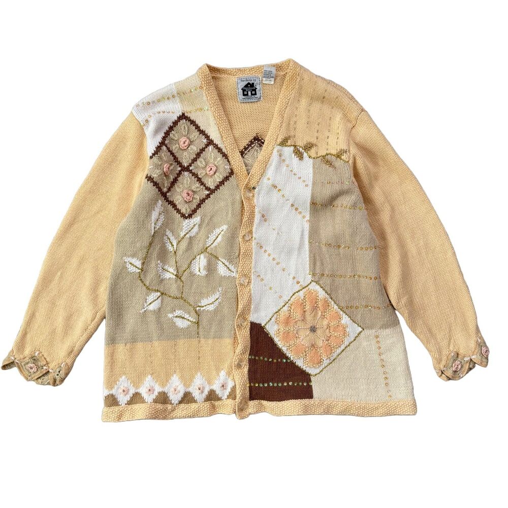 Storybook Knits Vintage Y2K Yellow Floral Collage Embroidered Cardigan Size 2X